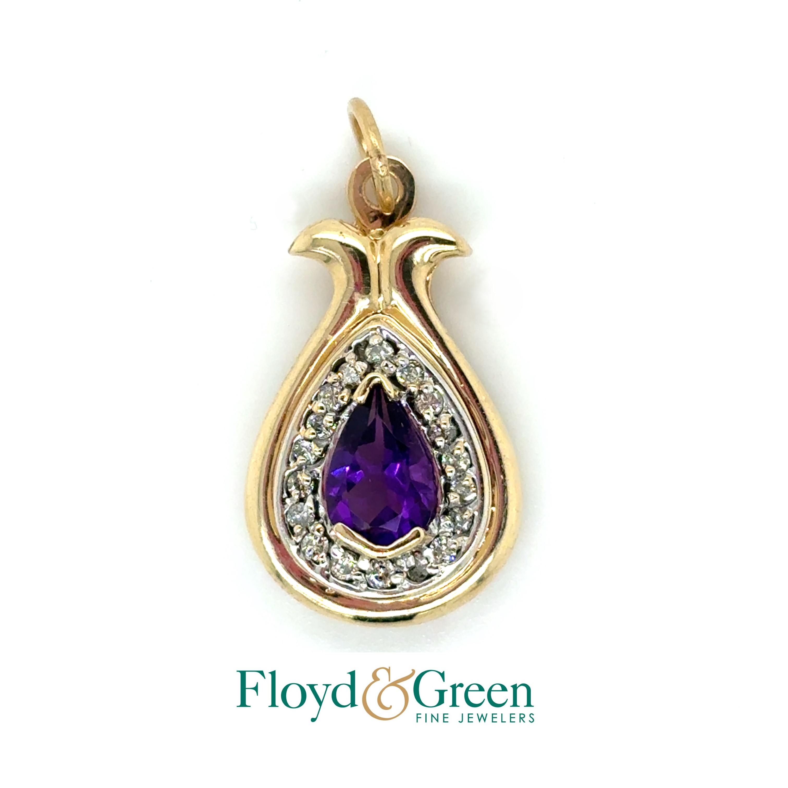 14K Two-Tone Amethyst & Diamond Pendant, Pear-shaped Amethyst, 1.14ct, 18 Round Diamonds, 0.11ct, H VS2-SI1, 4.06g
