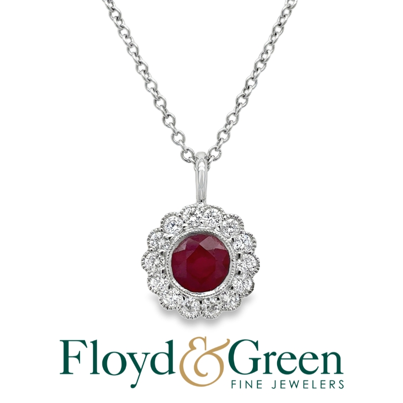 Ruby and Diamond Halo Floral Pendant