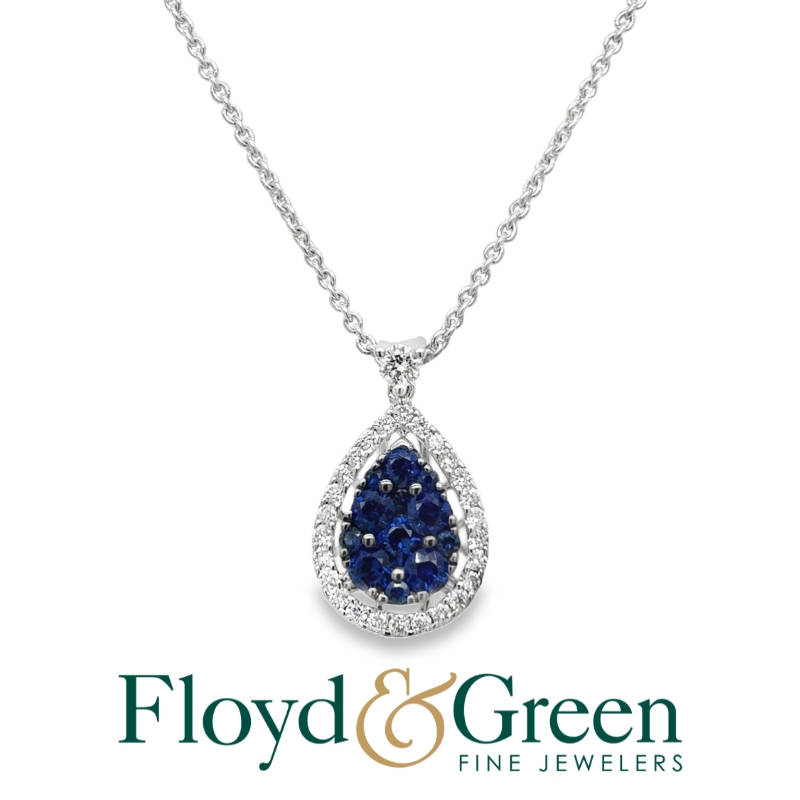 Pear Shaped Sapphire Cluster and Diamond Halo Pendant Necklace