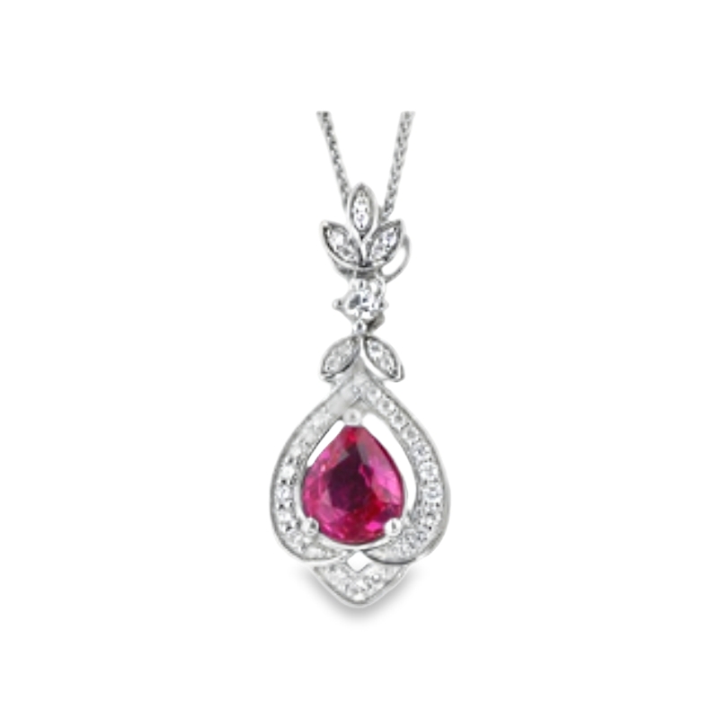 14K White Gold Diamond and Ruby Pendant