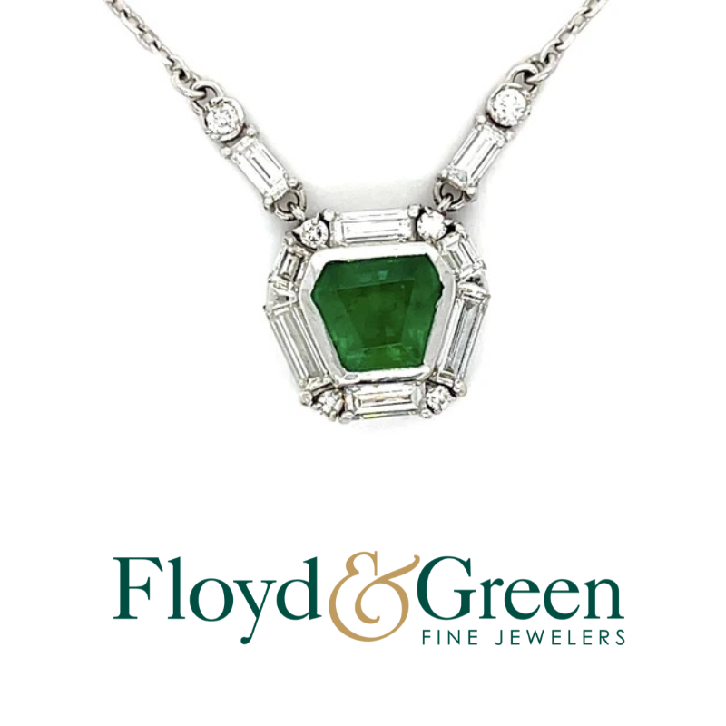 18K White Gold Emerald and Diamond Pendant Necklace