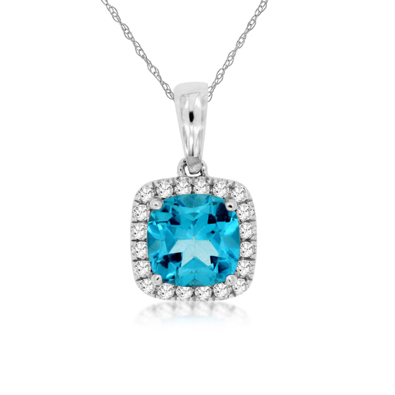 18 14KW 1.15ct cushion blue topaz and 0.11ctw G-H/SI diamond halo pendant