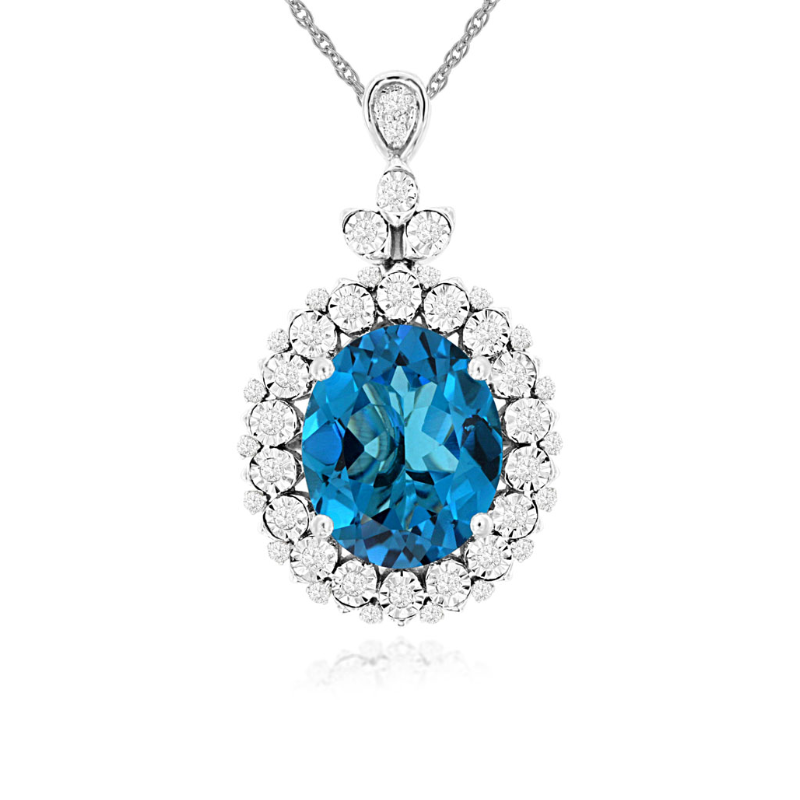 18 14KW 5.6ct oval blue topaz and 0.25ctw G-H/SI diamond pendant