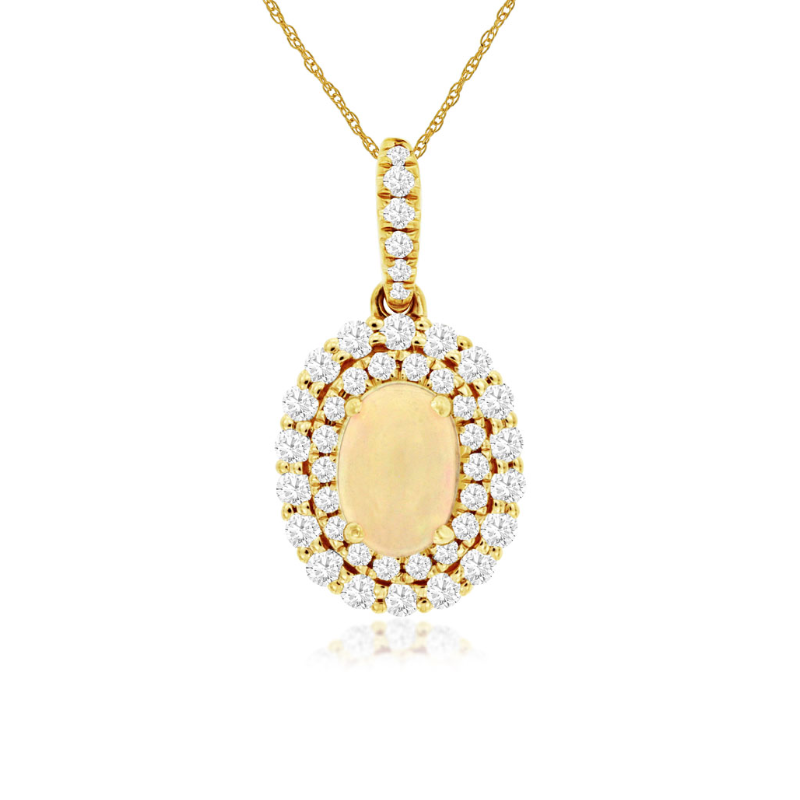 18 14KY 0.5ct opal and 0.39ctw G-H/SI diamond double halo pendant