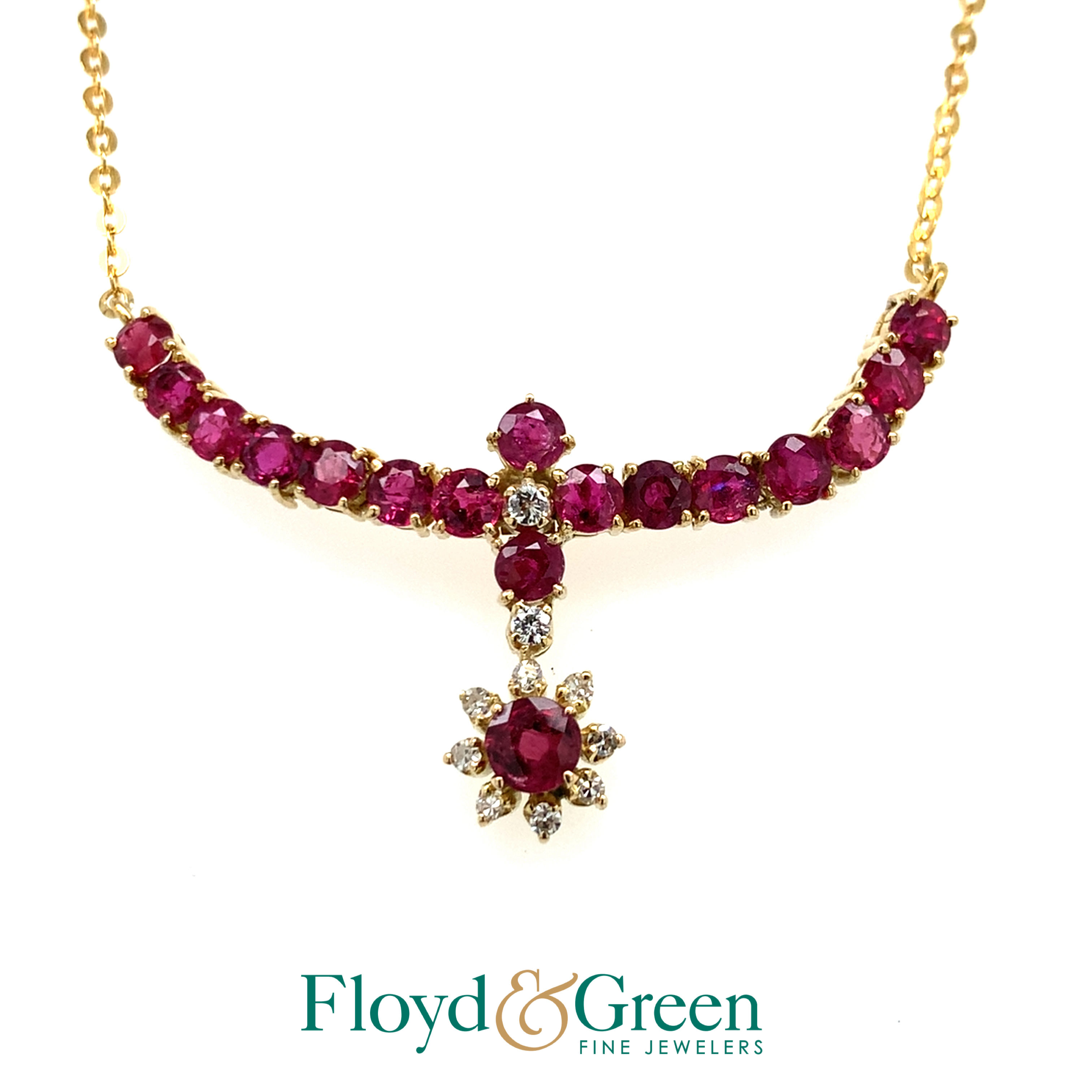 14KY Diamond & Ruby Necklace, 1 Round Ruby, 0.28ct, 16 Round Rubies, 2ct, 2 Round Diamonds, 0.05ct, H VS1, 8 Single-cut Diamonds, 0.08ct, H VS2-SI1, 17 inch