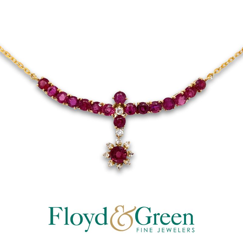 14KY Diamond & Ruby Necklace, 1 Round Ruby, 0.28ct, 16 Round Rubies, 2ct, 2 Round Diamonds, 0.05ct, H VS1, 8 Single-cut Diamonds, 0.08ct, H VS2-SI1, 17 inch