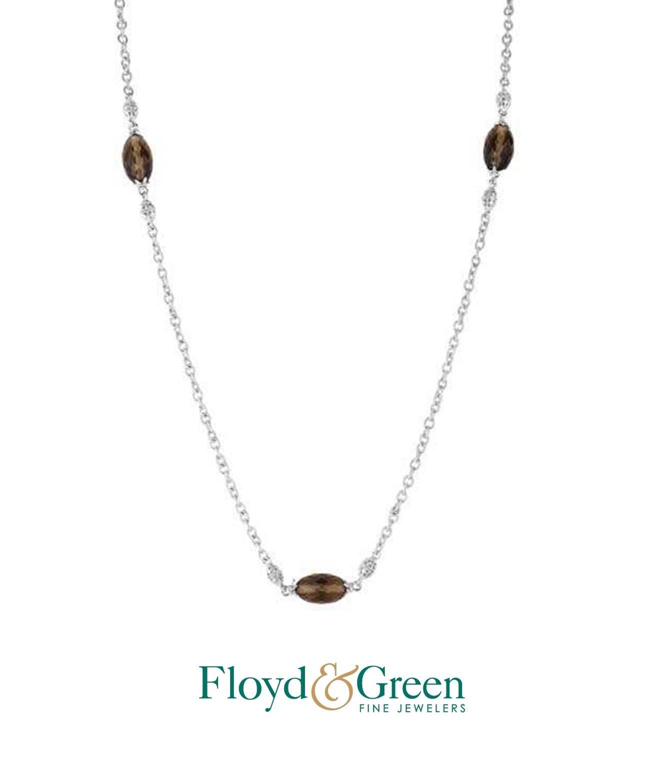 Sterling Silver Necklace With 6 Smoky Quartzs, 38.04ct, 36 inch