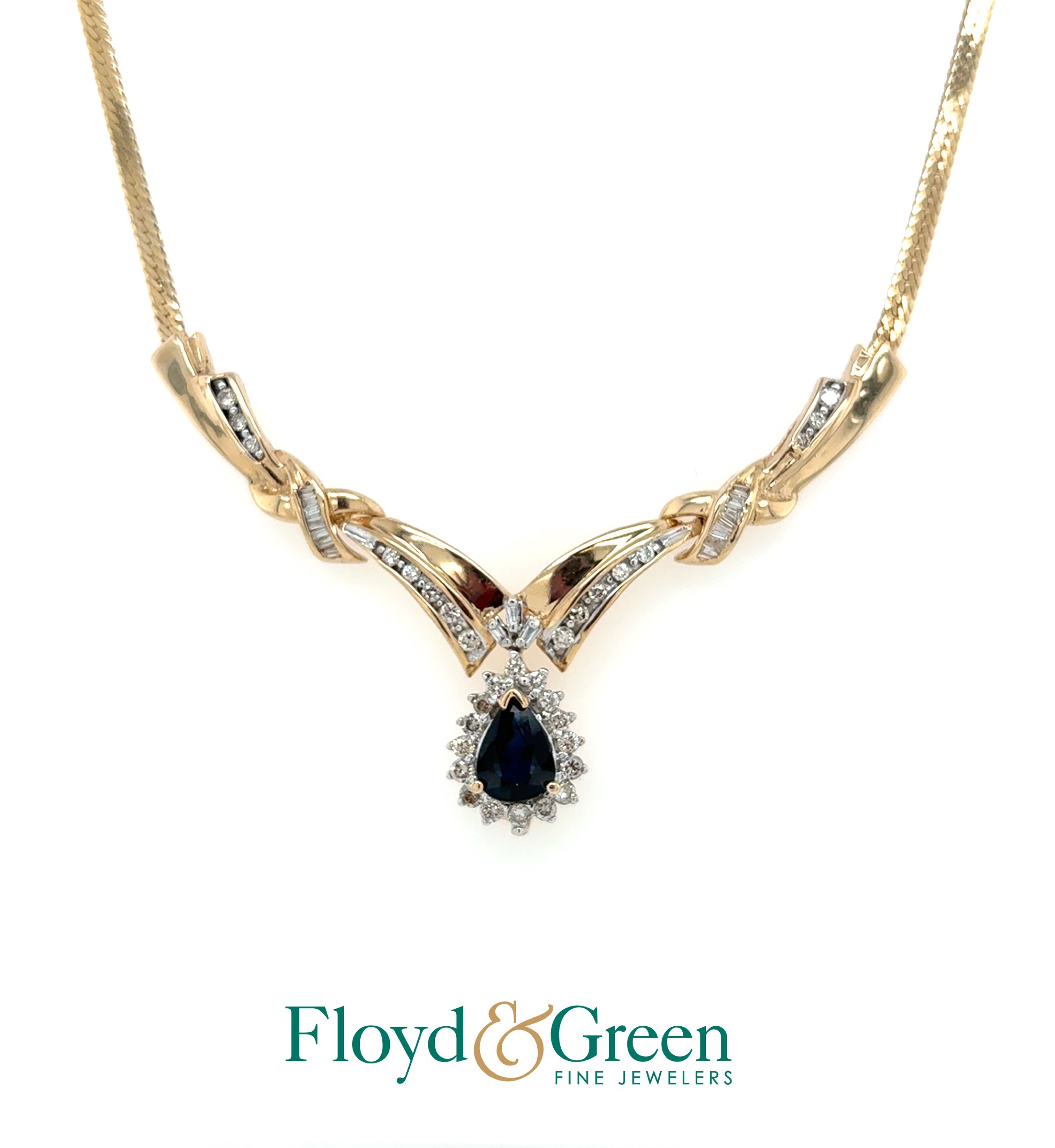 14K Two-Tone Sapphire & Diamond Necklace, Pear-shaped Sapphire, 1.01ct, 32 Rd Dia, 0.49ct, 17 Bag Dia, 0.16ct, H VS2, 18 Inch