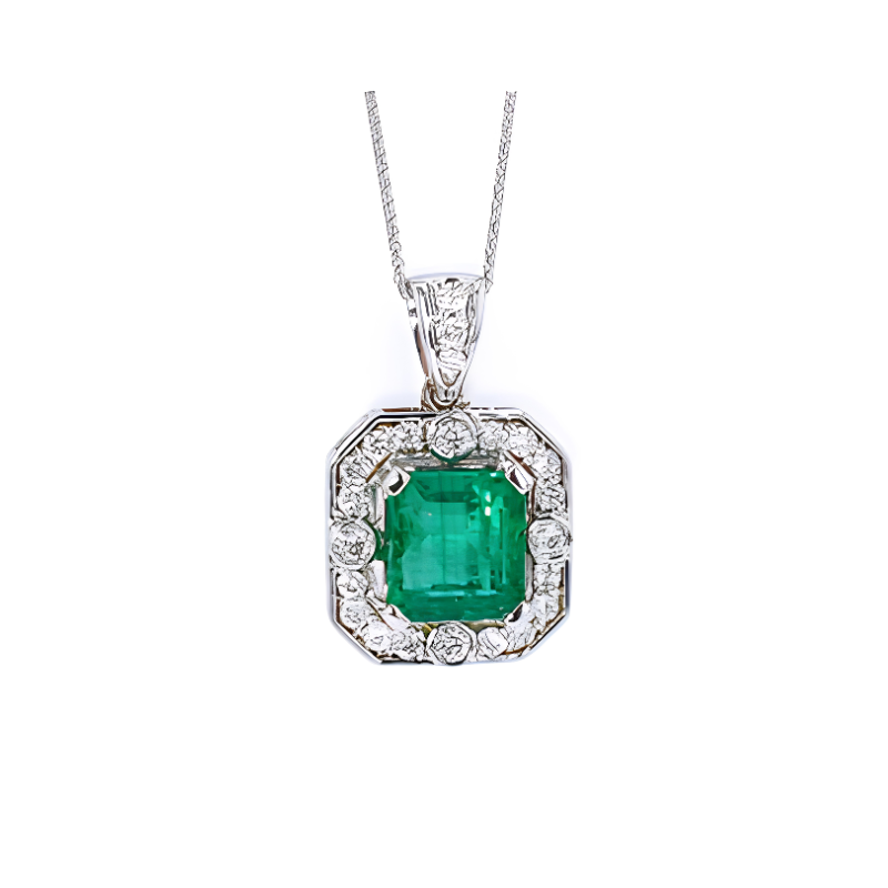 14K White Gold Diamond and Emerald Pendant