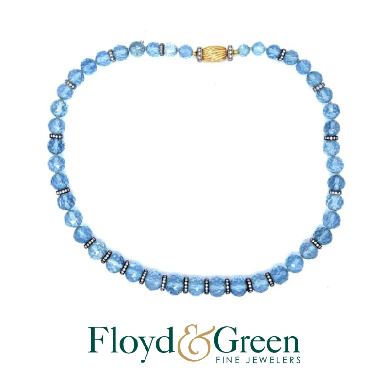 18K Yellow Gold and Platinum Aquamarien and Diamond Rondelle Necklace