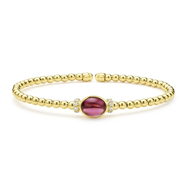 18KY Caviar 3mm Rhodolite Garnet and Dia .08ctw G-H SI Cuff Bracelet Size 7
