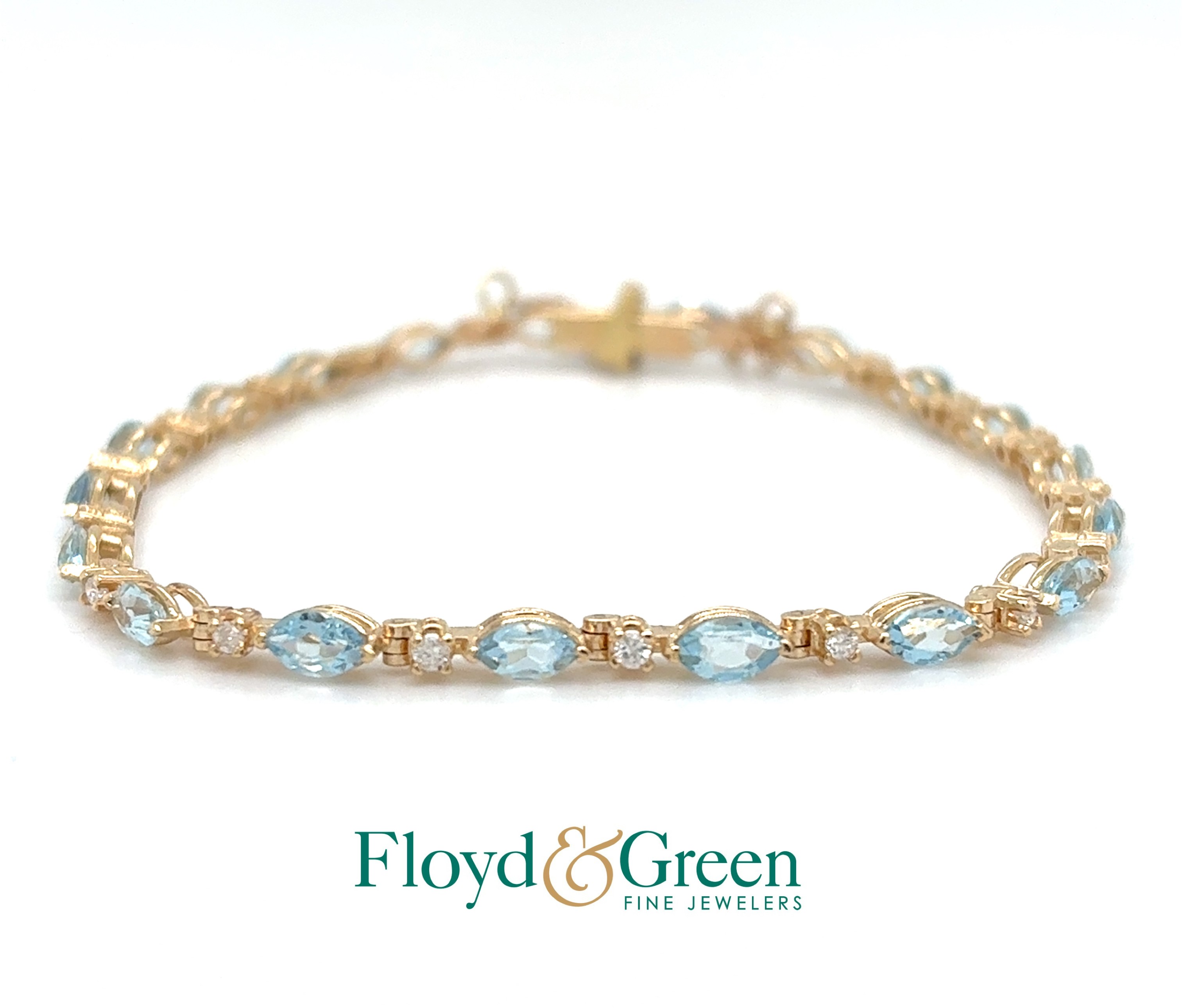 14KY Diamond & Aquamarine Link Bracelet, 7 inch, 19 Rd Diamonds, 0.32ct, I SI1-SI2, Marq Aquamarines, 2.39ct