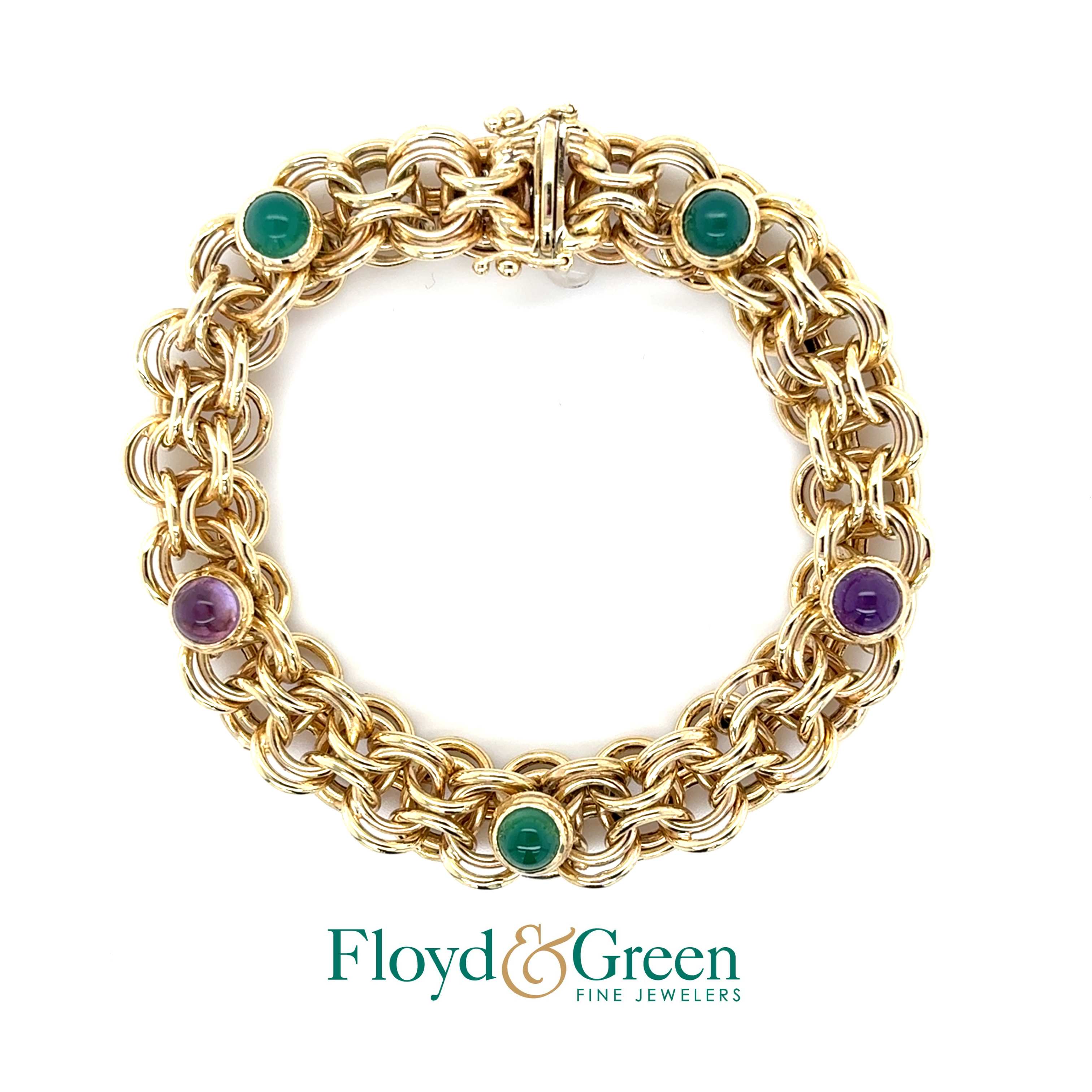 14KY Link Bracelet with 3 Round Emeralds & 2 Round Amethysts, 8 inch, 27.3g
