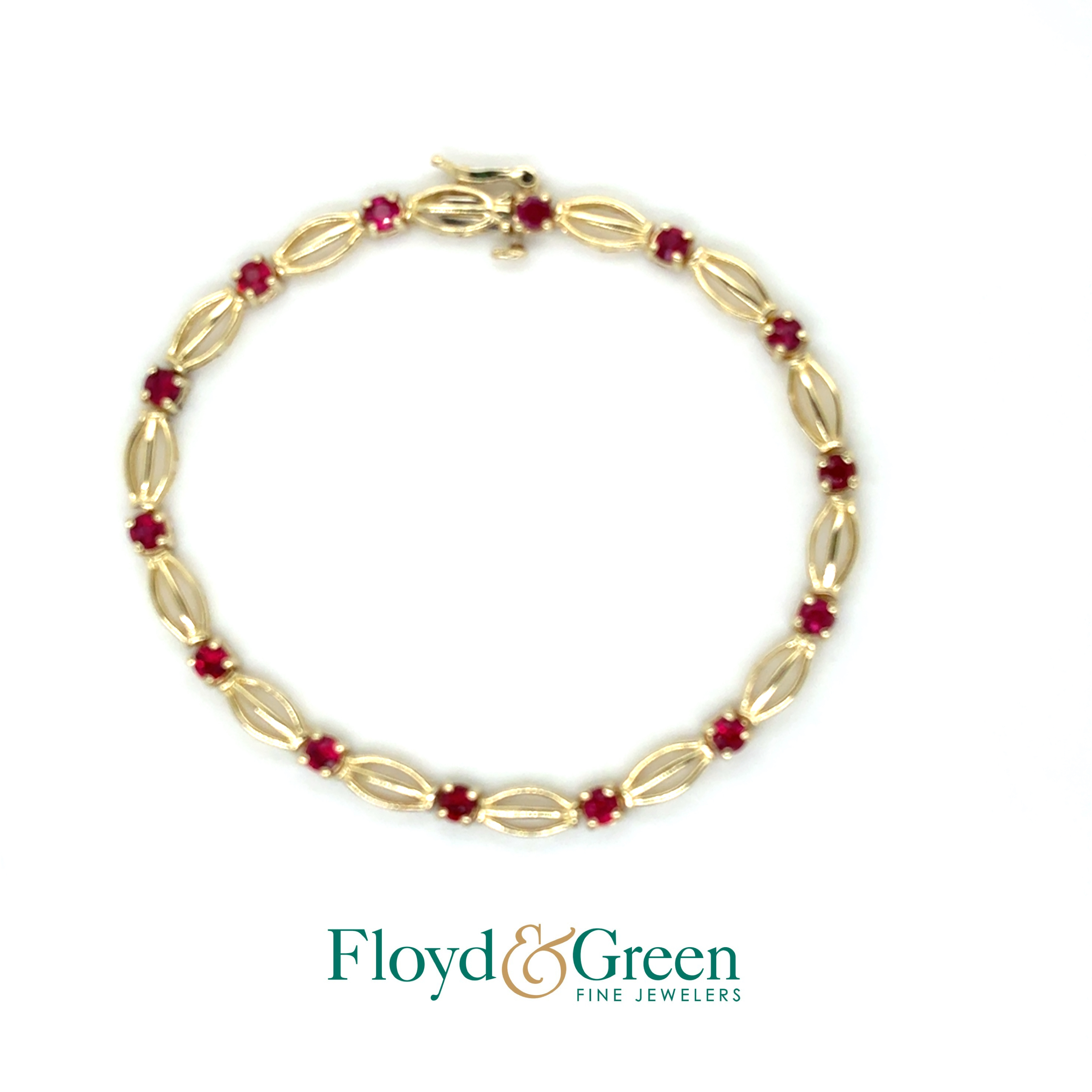 10KY Synthetic Ruby Link Bracelet, 7 inch, 14 Synthetic Round Rubies, 1.93ct, Strong Red