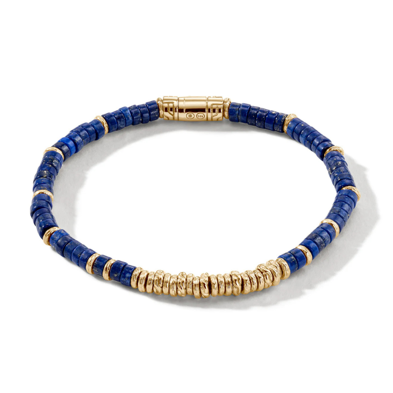 14KY Heishi Bracelet w/ 4mm Lapis Lazuli Beads and Pusher Clasp - Large