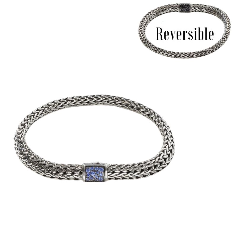 SS Classic Chain Reversible Bracelet 6.5MM w/ Pavé Black Sapphire + Blue Sapphire - Size Medium