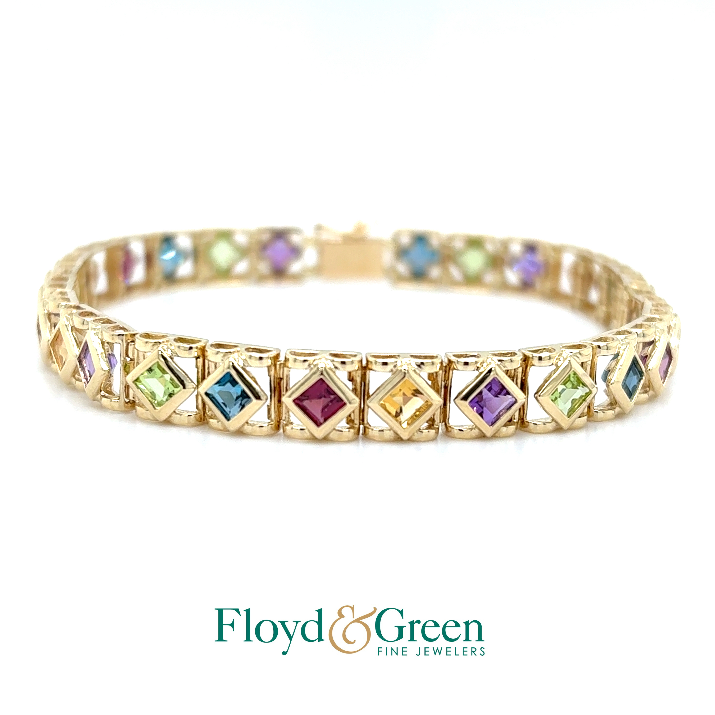 14KY Amethyst, Citrine, Garnet, Peridot, & Blue Spinel Link Bracelet, 7.5 inches