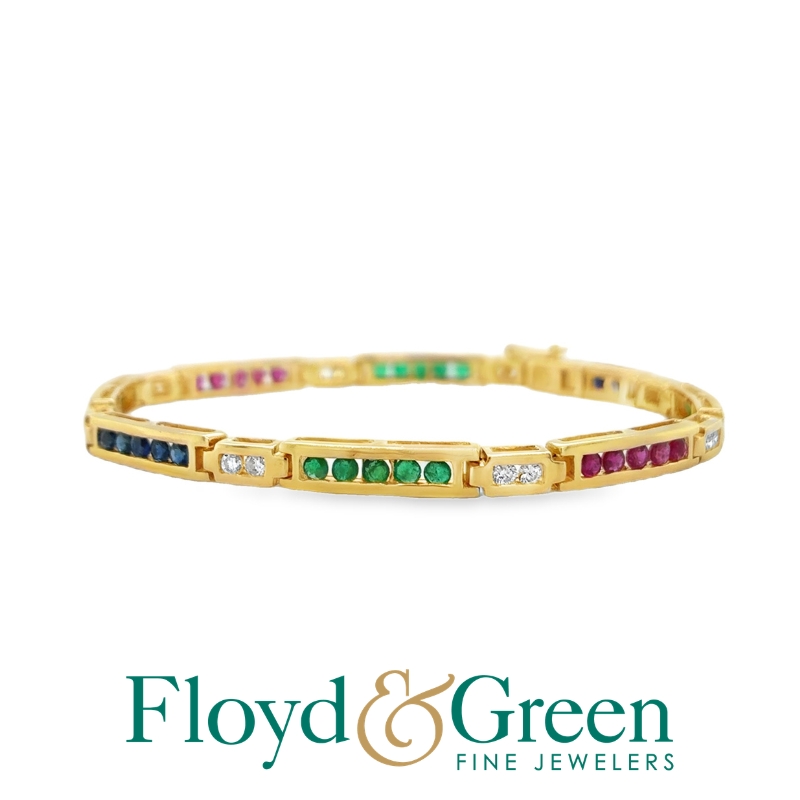 14KY Diamond, Emerald, Ruby, and Sapphire Link Bracelet, 7 inch, 11.8g