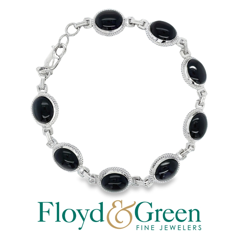 14KW Black Onyx Link Bracelet, 8 Oval, 7.5 inch