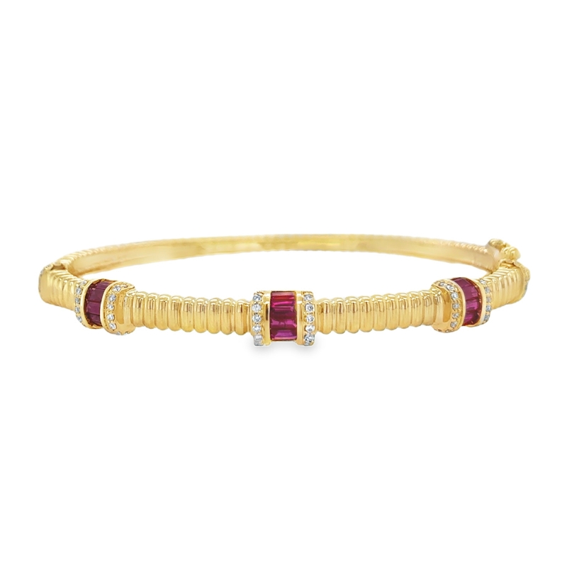 14 Carat Yellow Gold Fluted style Ruby and Diamond Bangle