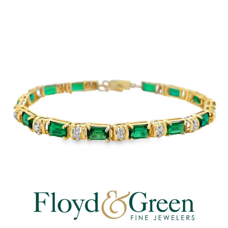 14K Two-Tone Labgrown Emerald Bracelet, 14 Emeralds, 7.70ct, 7 Inch