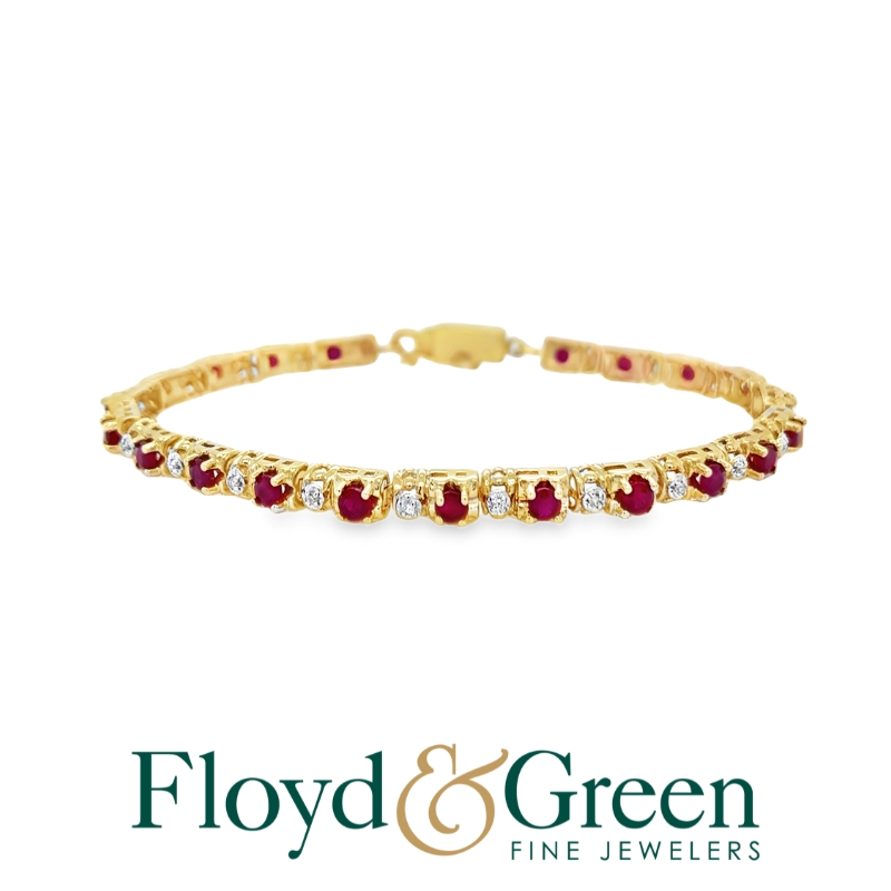 14K Two-Tone Diamond & Ruby Bracelet, 21 Single-cut Diamonds, 0.13ct, H VS2, 21 Round Rubies, 2.02ct, 6.5 Inch