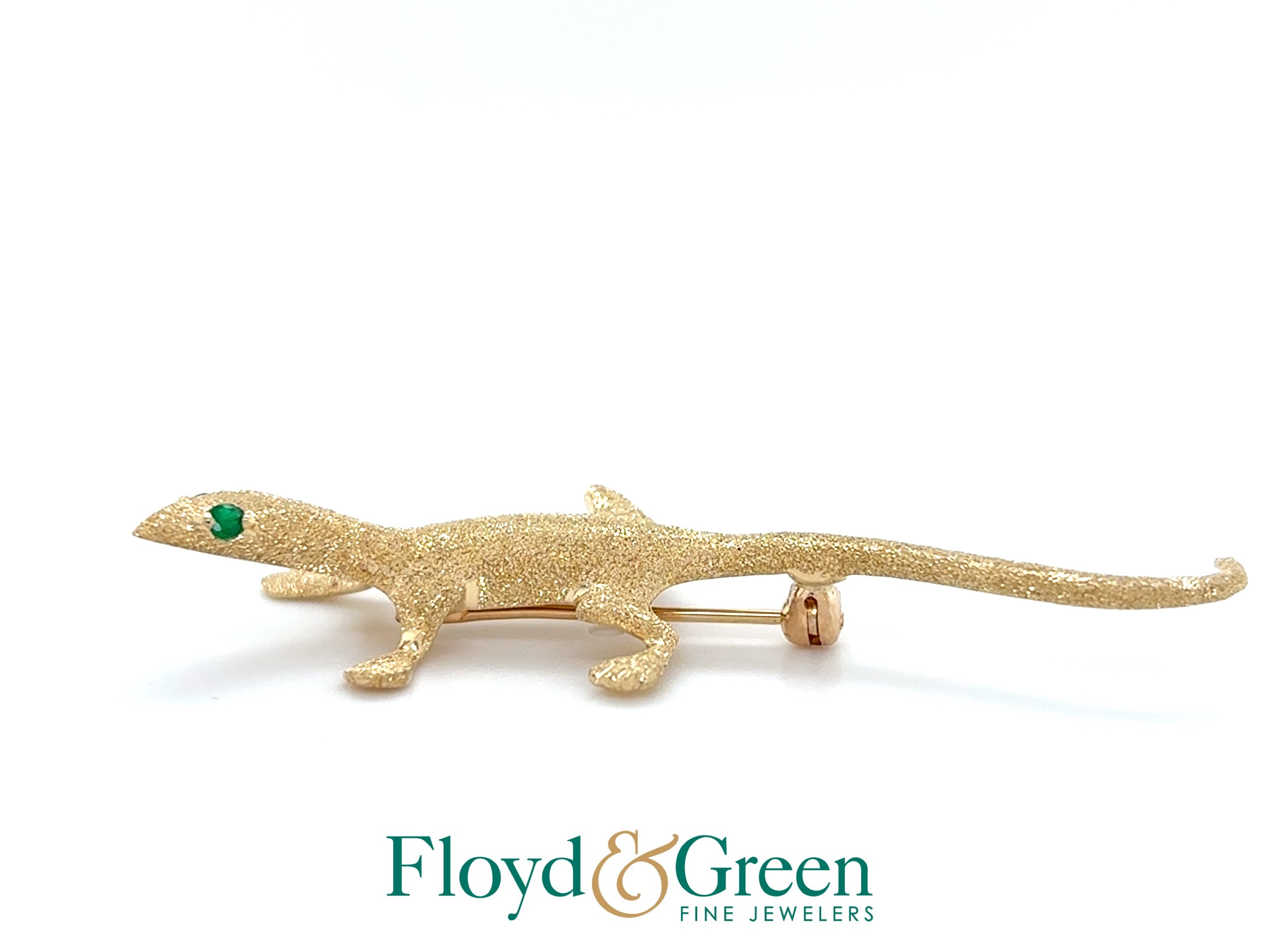 14KY Lizard Brooch with 2 Emerald Eyes, 5g
