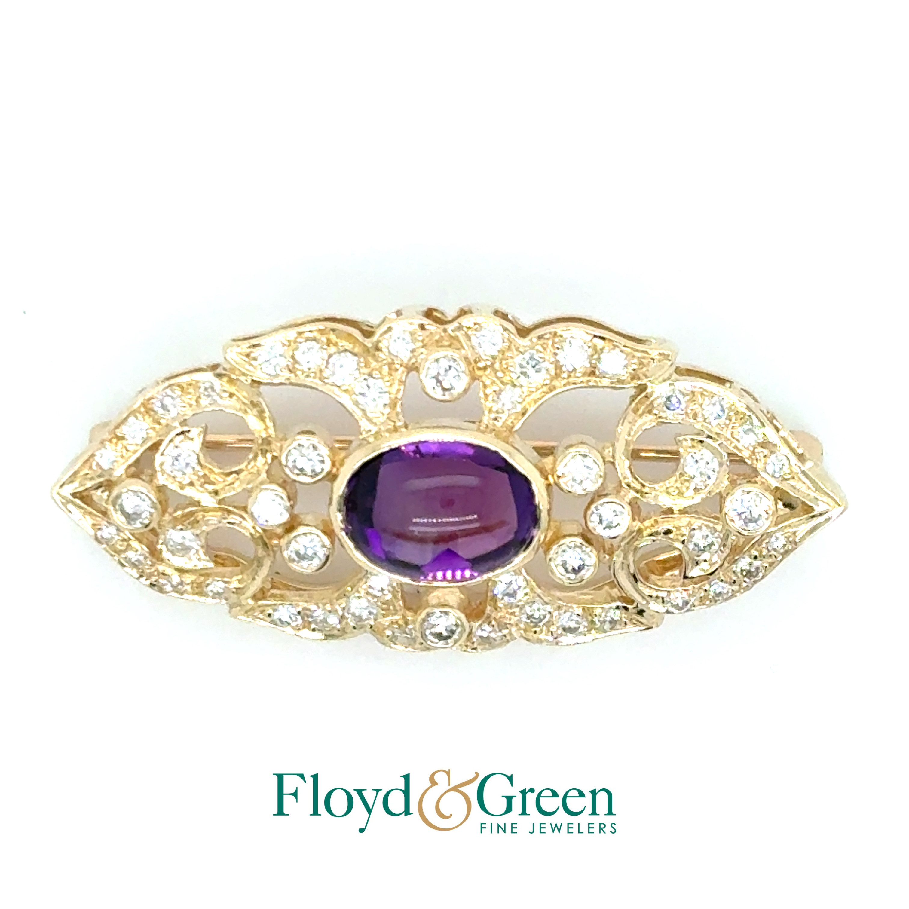 14KY Diamond and Amethyst Brooch, 46 Round Diamonds, 0.70ct, H VS2, 1 Oval Amethyst, 1.93ct, 6.6g