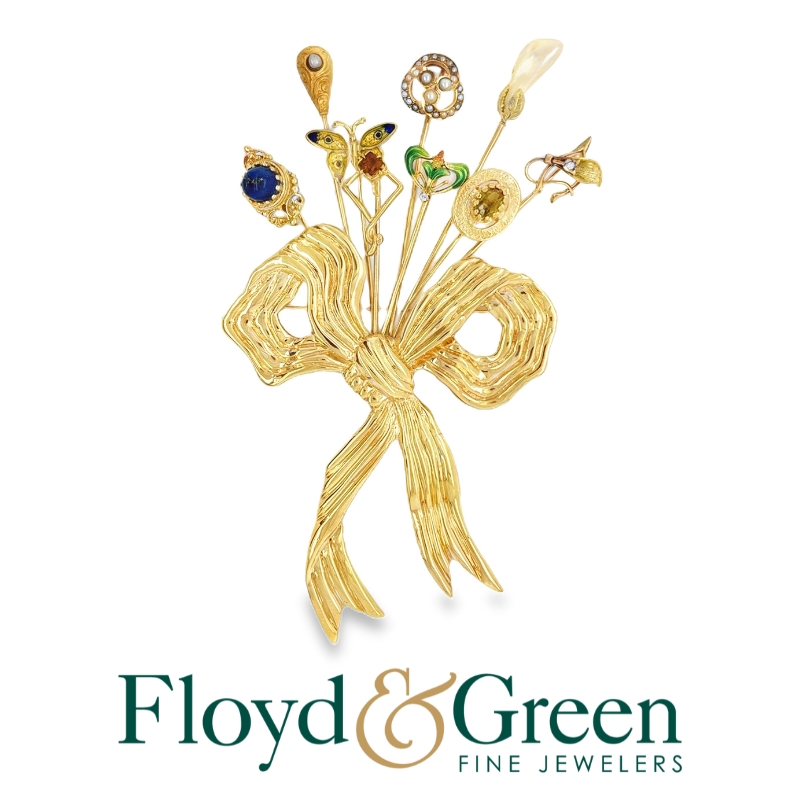 14K Two-Tone Flower Bouquet Brooch with Diamond, Citrine, Pearl and Peridot Stones, 43.19g