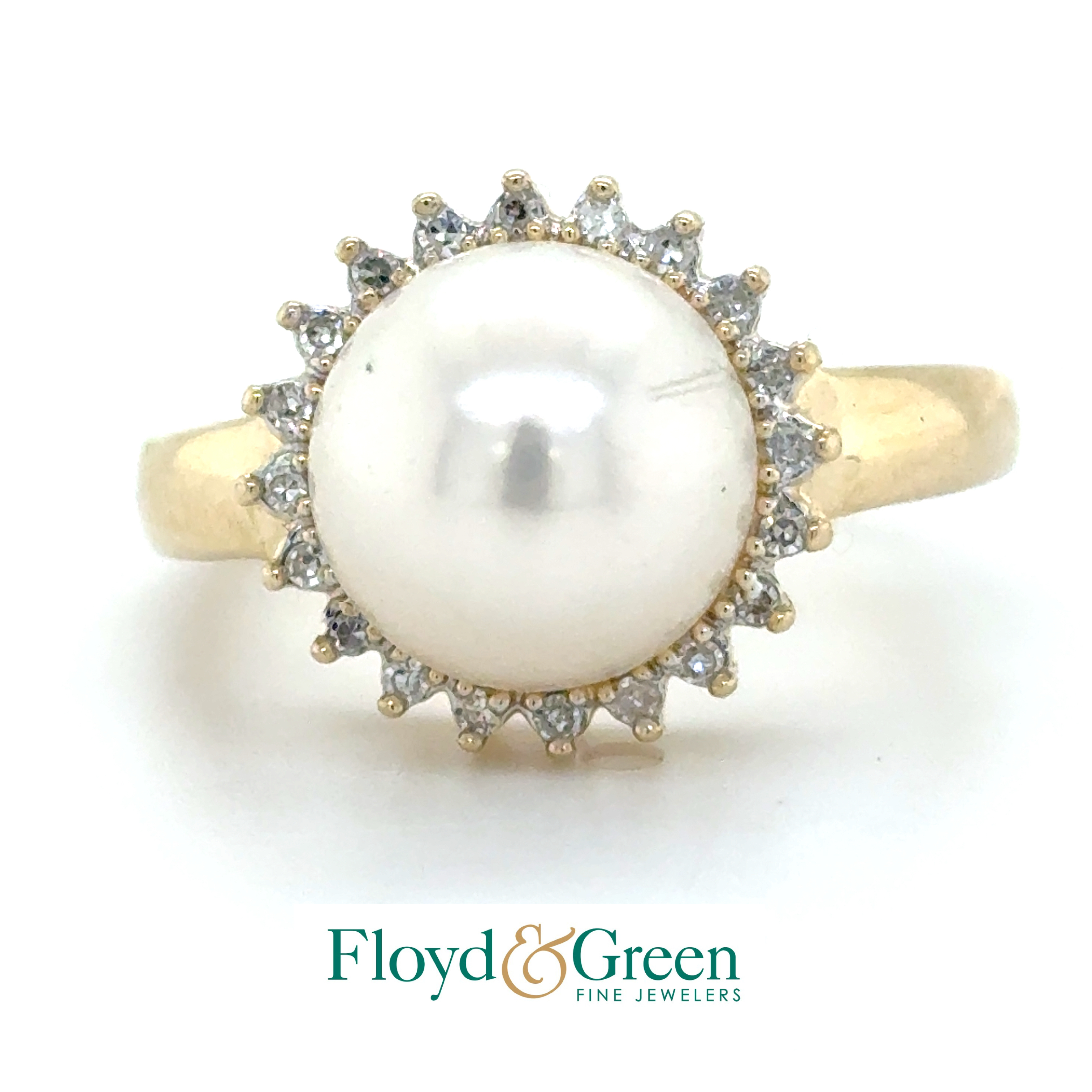 14KY Pearl & Diamond Ring, 1 Chinese Freshwater Pearl, Lt White, 20 Single-cut Dia, 0.12ct, H SI1-SI2, Size 8.25