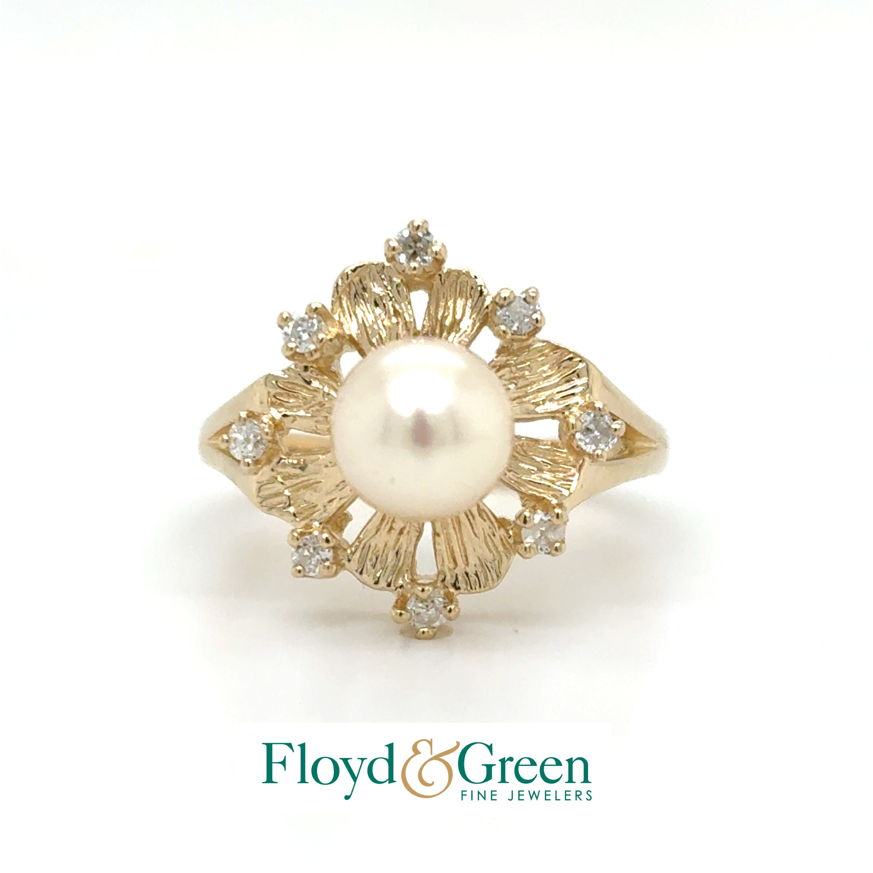 14K Two-Tone Pearl & Diamond Ring, Round Chinese Cultured Pearl, 8 Old Euro Dia, 0.18ct, J VS2-SI1, Size 5.75
