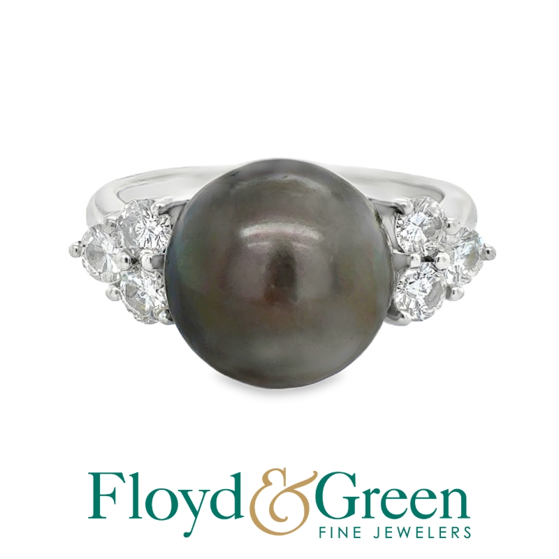 18KW Pearl & Diamond Ring, Rd Tahitian Saltwater Cultured Pearl, 6 Rd Dia, 0.51ct, H-I SI1-SI2, Size 5