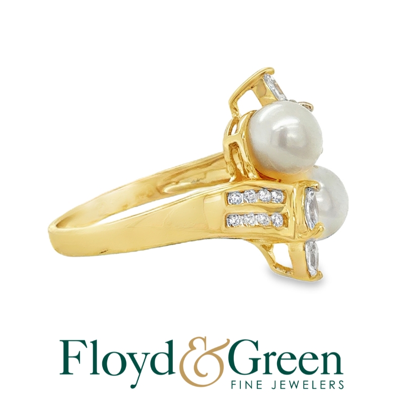 14K Two-Tone Pearl & Goshenite Ring, 2 Chinese Cultured Pearls, 4 Marq Goshenites, 0.20ct, 16 Rd Goshenites, 0.10ct, Size 7
