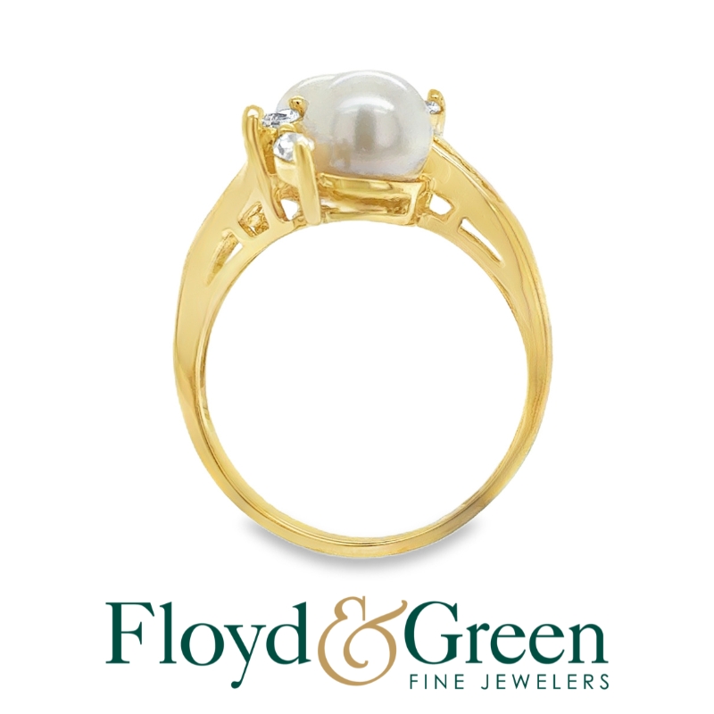 14K Two-Tone Pearl & Goshenite Ring, 2 Chinese Cultured Pearls, 4 Marq Goshenites, 0.20ct, 16 Rd Goshenites, 0.10ct, Size 7