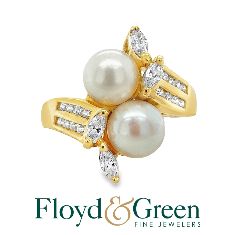 14K Two-Tone Pearl & Goshenite Ring, 2 Chinese Cultured Pearls, 4 Marq Goshenites, 0.20ct, 16 Rd Goshenites, 0.10ct, Size 7