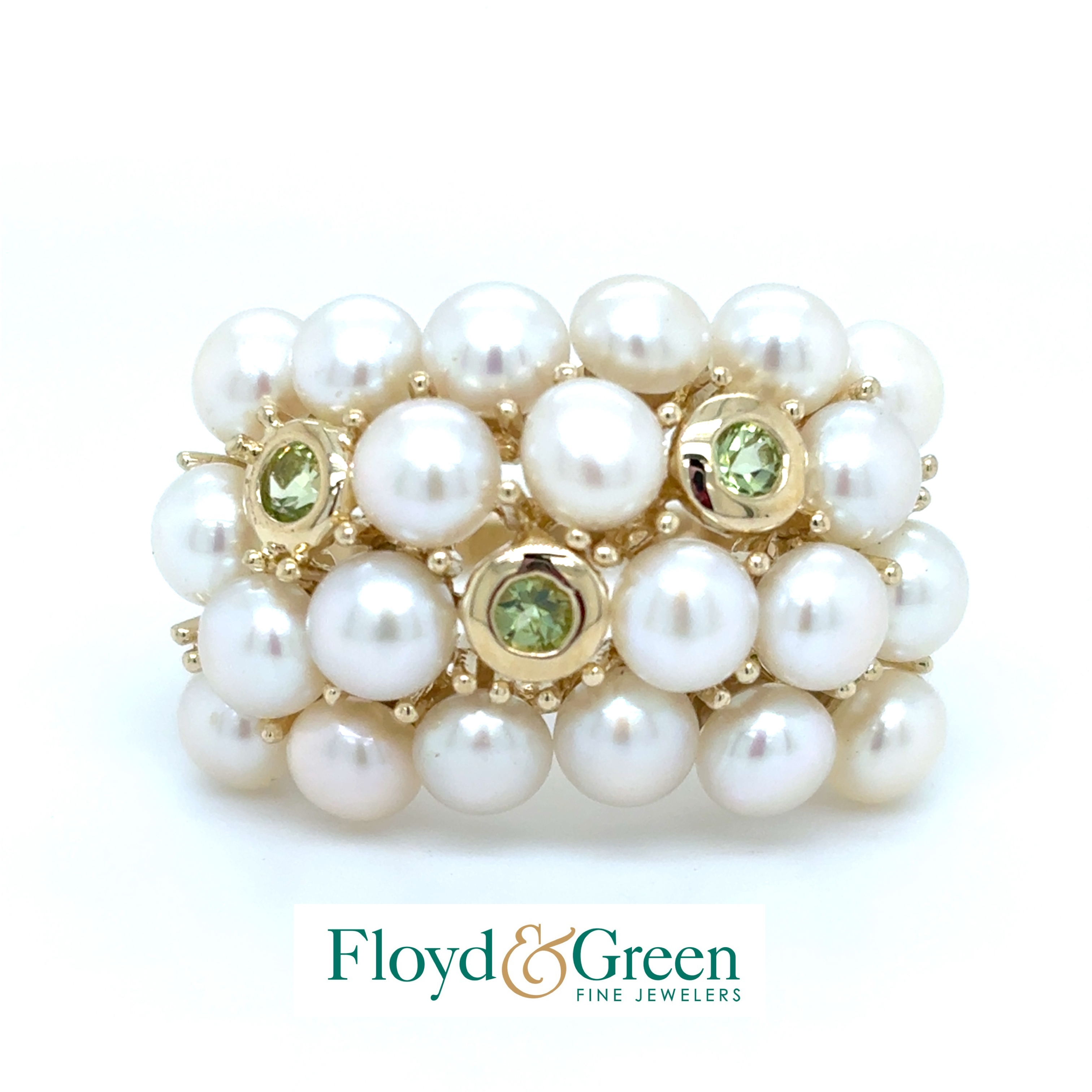 14KY Pearl & Peridot Ring, 20 Rd Chinese Cultured Pearls, 3 Rd Slightly Yellowish Green Peridots, 0.16ct, Size 9