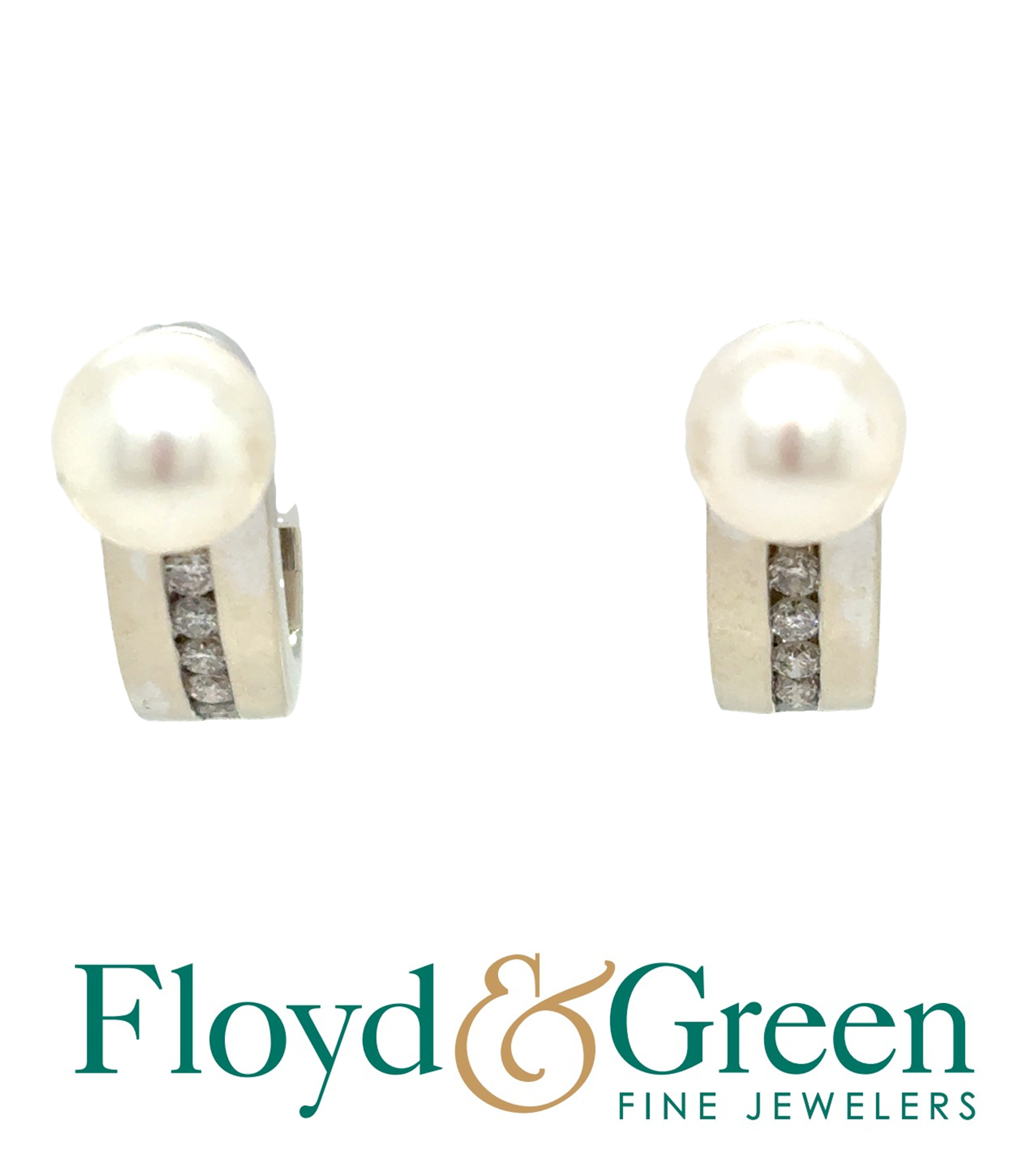 14KW Pearl and Diamond Earrings, 2 Pearls, 6 Round Diamonds, 4.6g