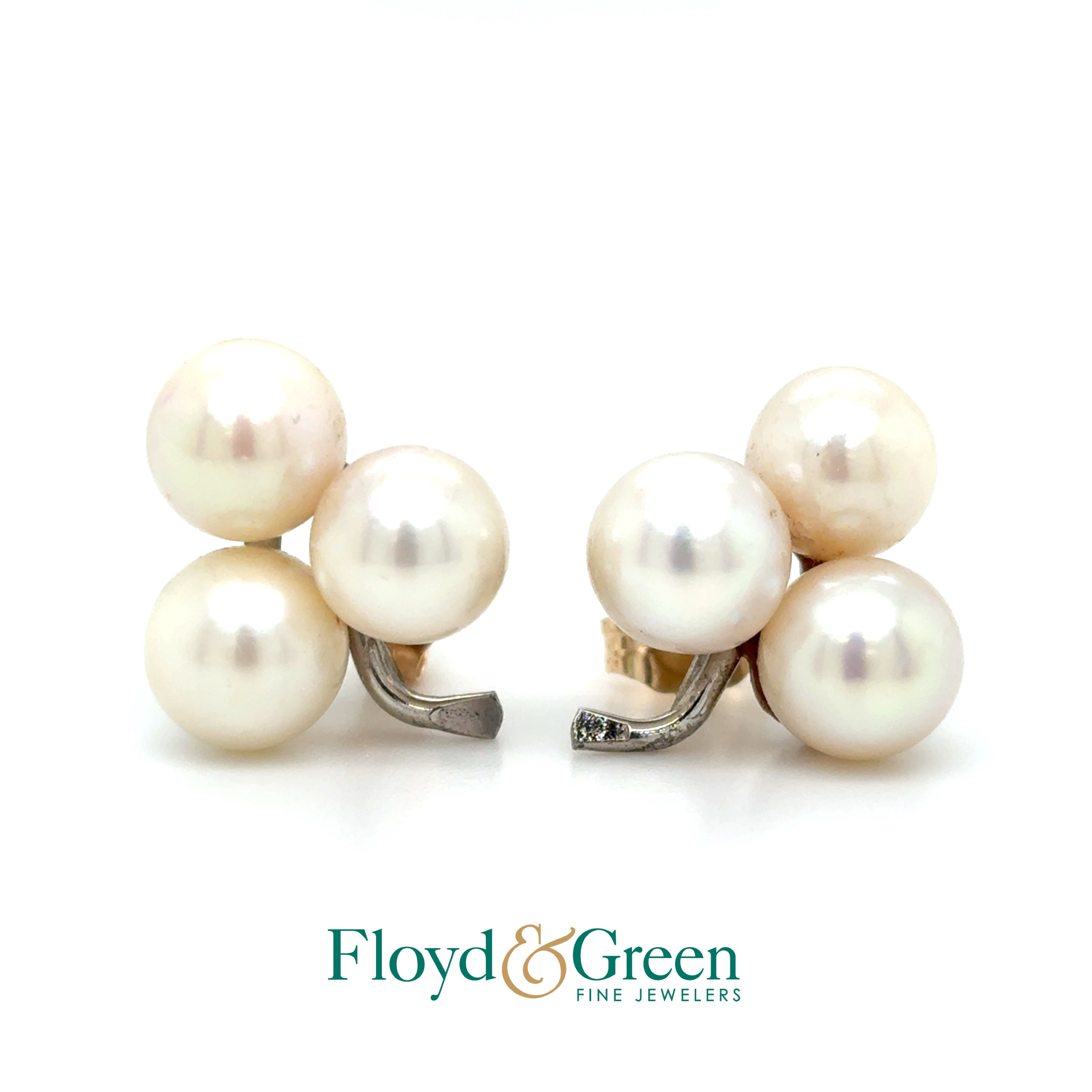 14K Two-Tone Cluster Pearls Earrings, 6 Round Chinese Cultured Pearls