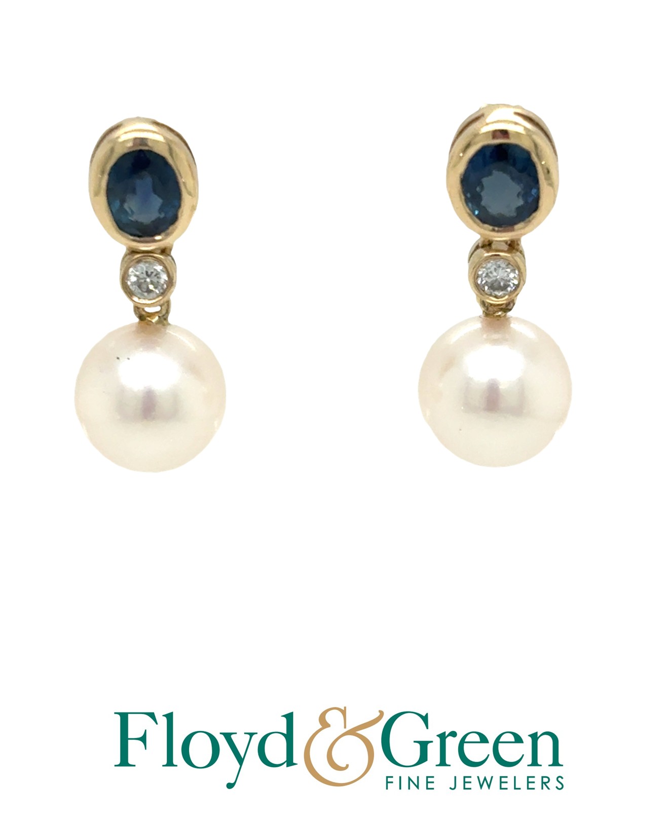 14KY Pearl and Sapphire Dangle Earrings, 2 Round Chinese Freshwater Cultured, 2 Oval Sapphires, 0.56ct, Strong Blue, 2 Round Sapphires, 0.08ct, Clear