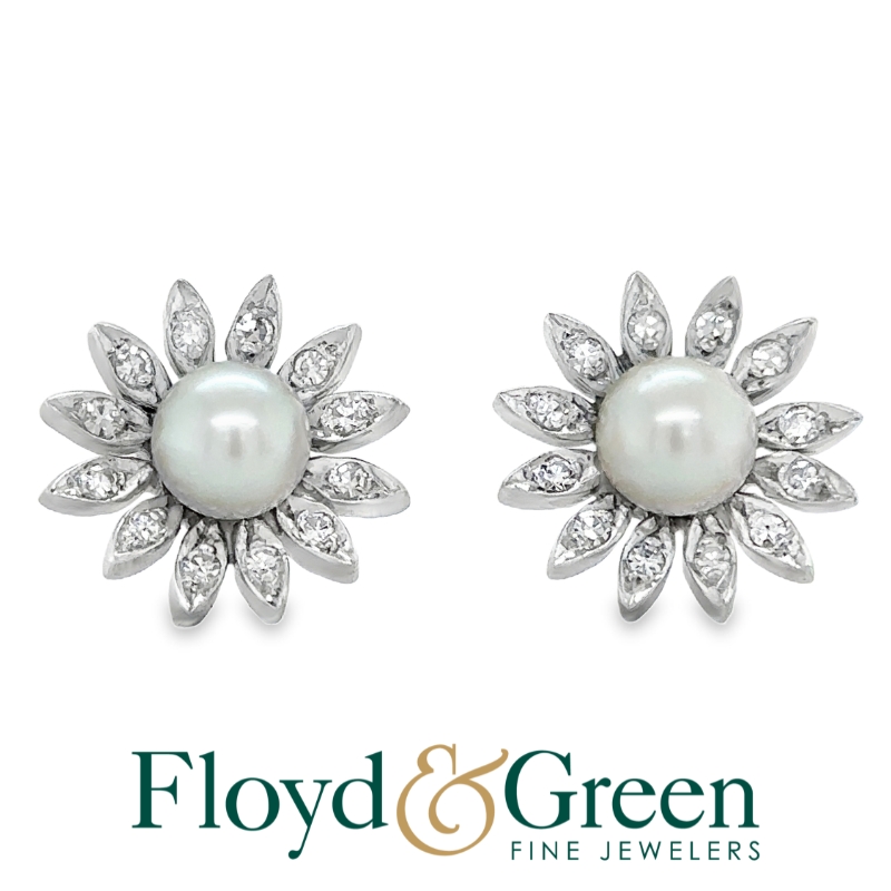 14KW Diamond & Pearl Floral Earrings, 24 Single-cut Diamonds, 0.41ct, G VS1, 2 Button Chinese Freshwater Cultured Pearls