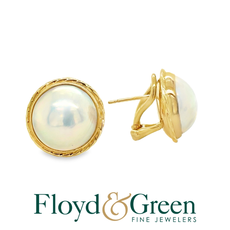 14KY Mabe Pearl Earrings with Omega Backs, 12MM, 6.7g