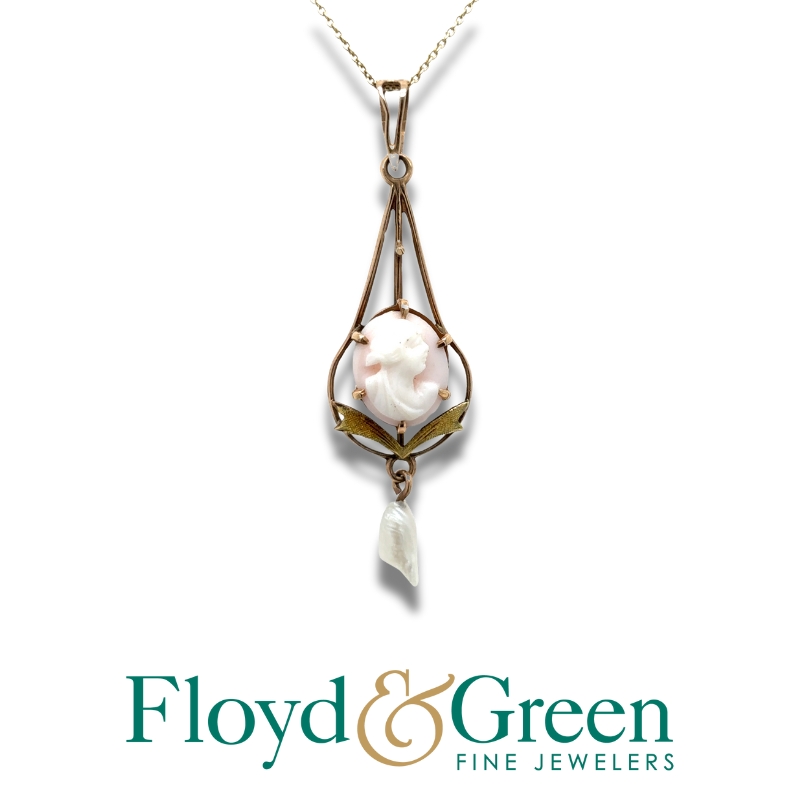 Carved Lavaliere Cameo & Pearl Drop Pendant Necklace