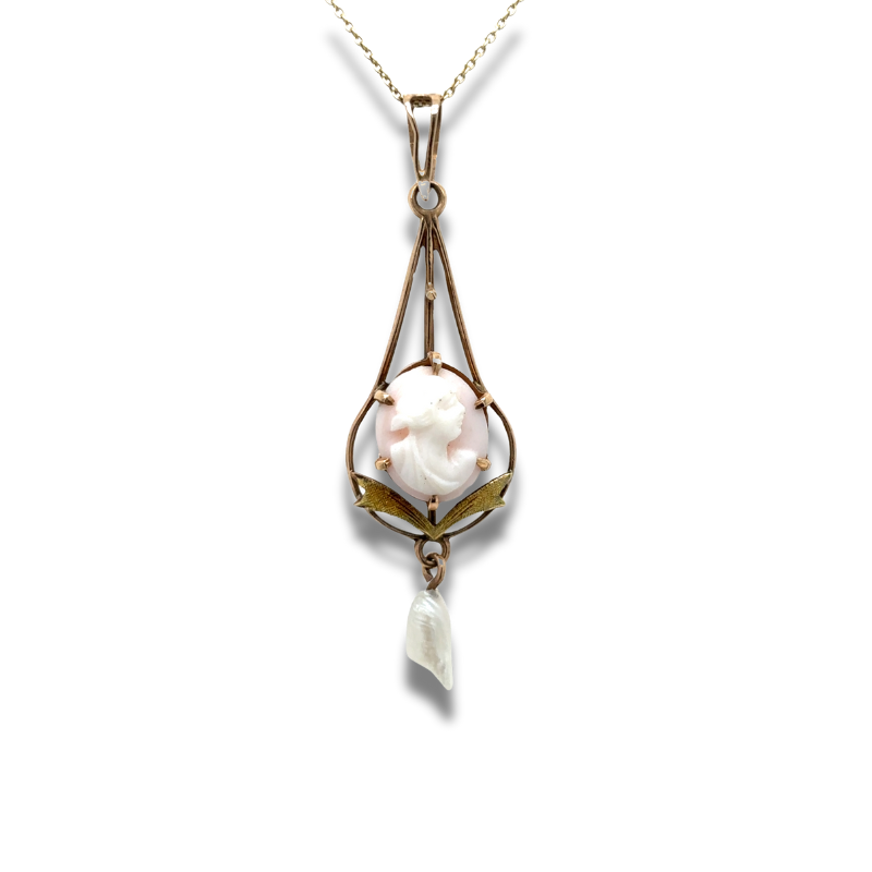 ESTATE - 16 10KY Carved Lavaliere Cameo w/ Drop Pearl Pendant