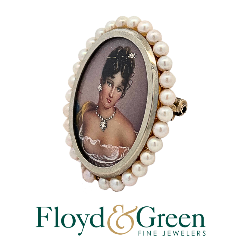 Antique Italy Madame Recaimer 18KW Pearl Brooch/Pendant Hand Painted 1880-1910