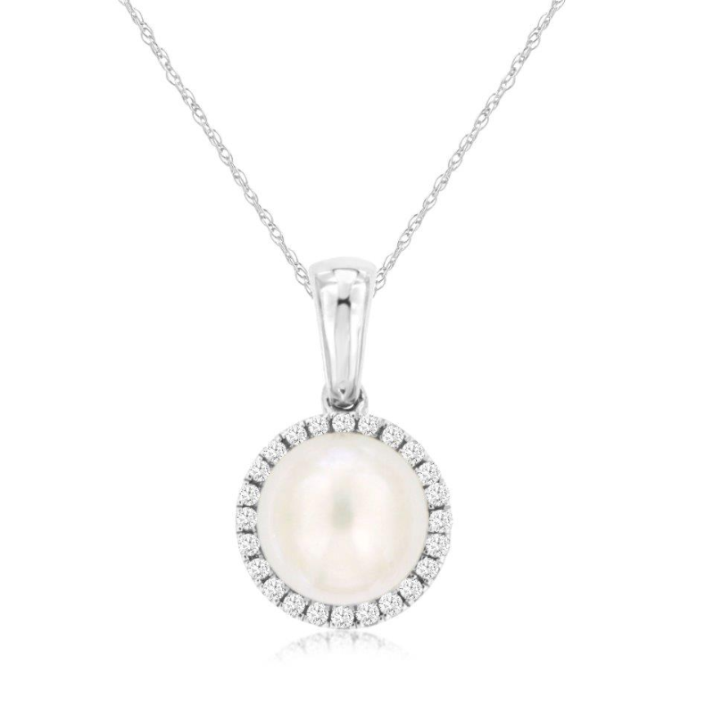 14KW Pearl and 0.08ctw diamond halo pendant