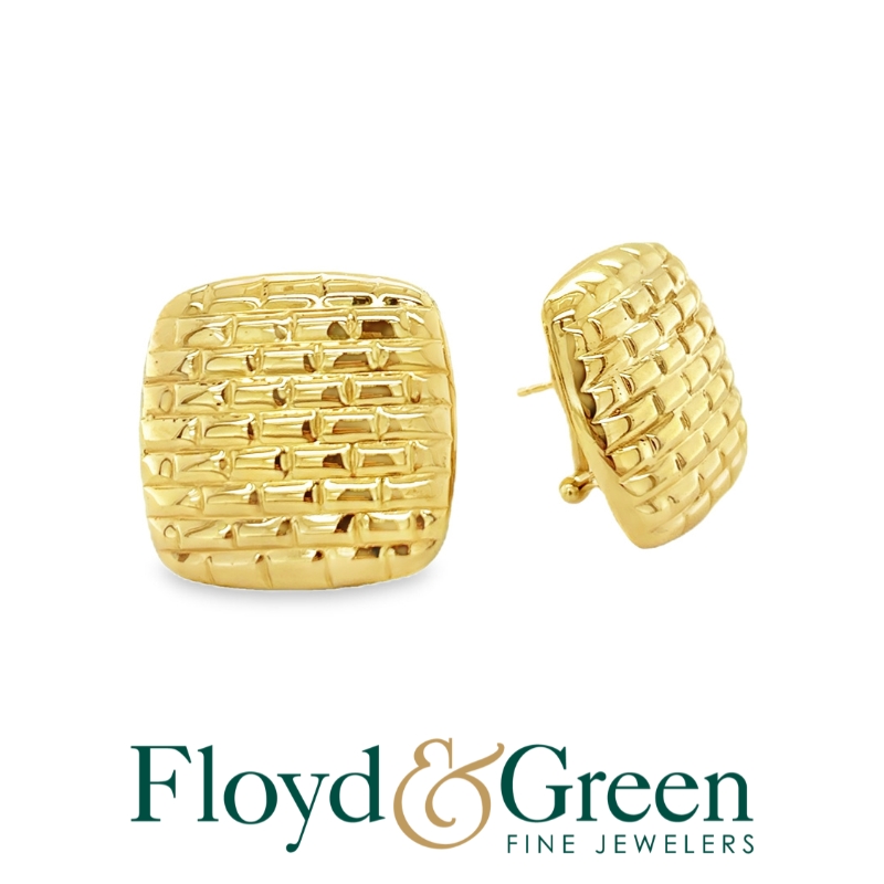 14KY Textured Square Earrings with Omega Backs, 7.3g