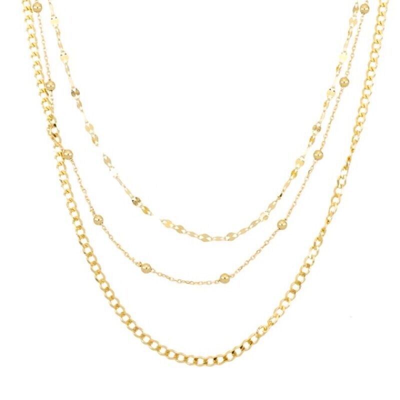 18 14KY multi-layered necklace with curb, mirror and tincup chains