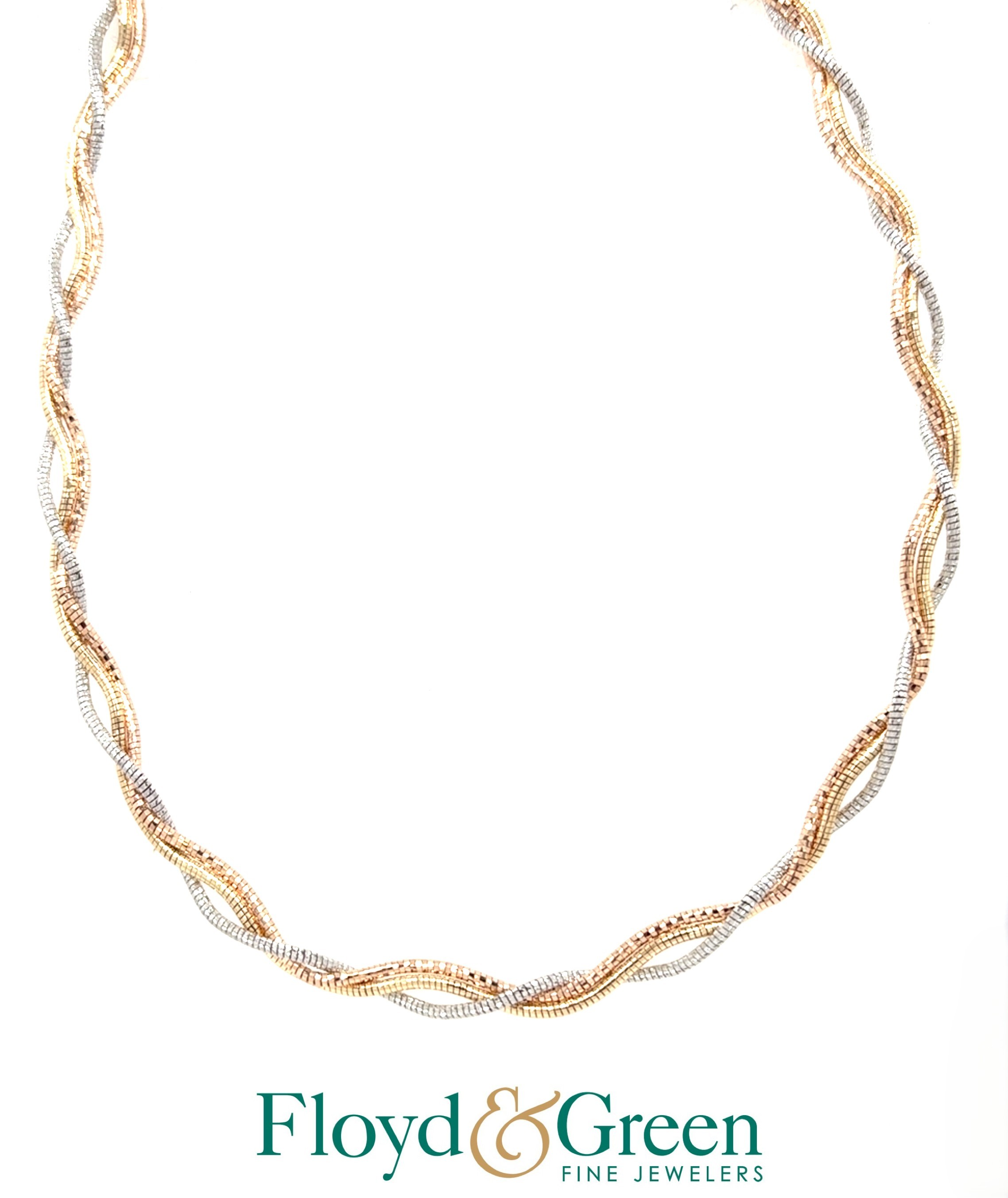 14K Tri-Color Braided Necklace, 16 inch, 8.6g
