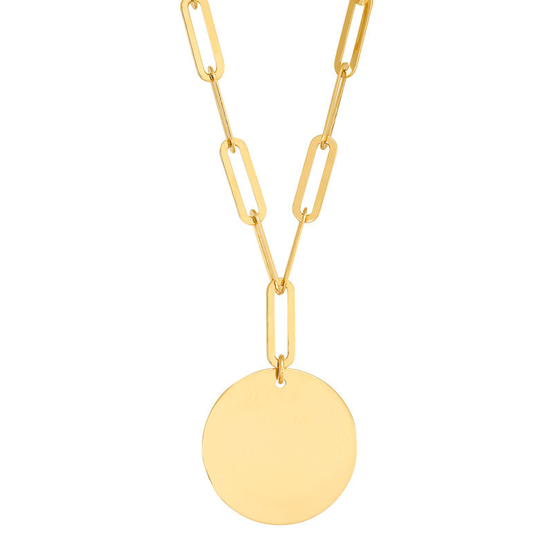 18 14KY polished disk drop with paperclip chain