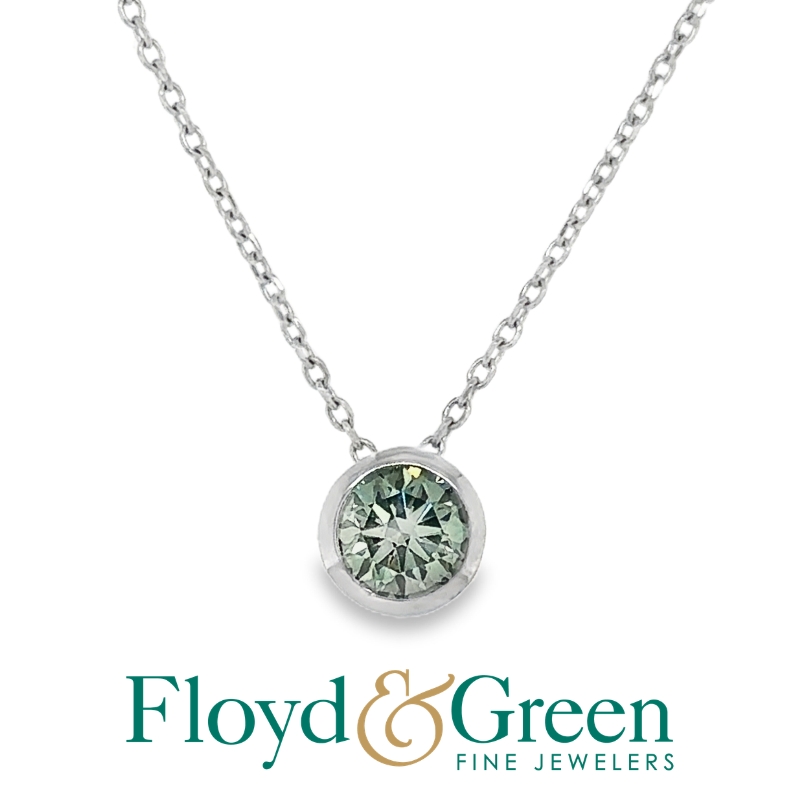 16-18 14KW .57ct Round Fancy Vivid Green Lab Grown Diamond Bezel Set Solitare Necklace